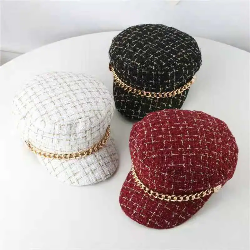 Women Plaid Woolen Berets Navy Cap Autumn Winter Military Style — feature 4