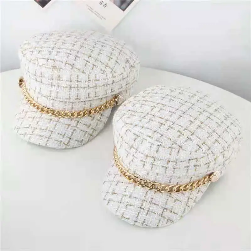 Women Plaid Woolen Berets Navy Cap Autumn Winter Military Style — feature 5