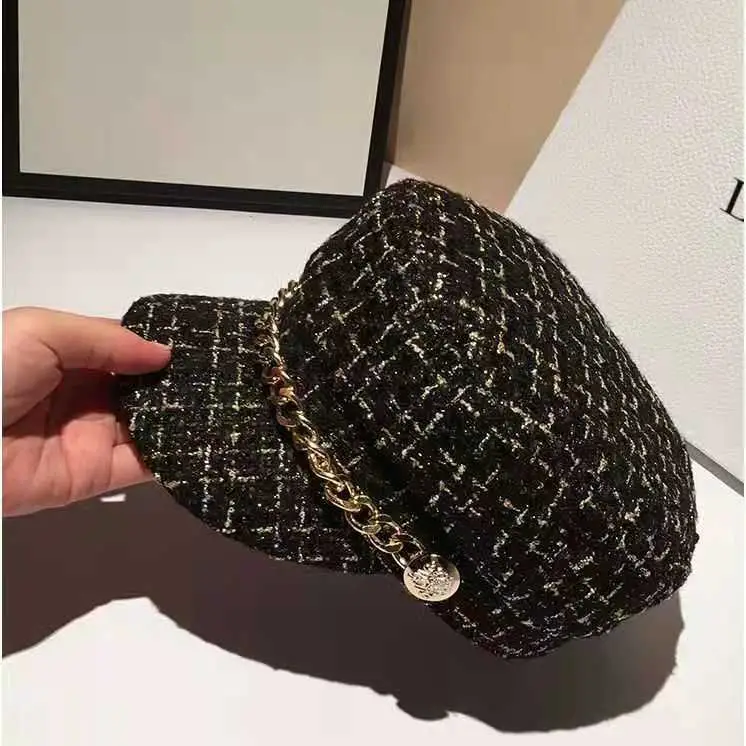 Women Plaid Woolen Berets Navy Cap Autumn Winter Military Style — feature 6