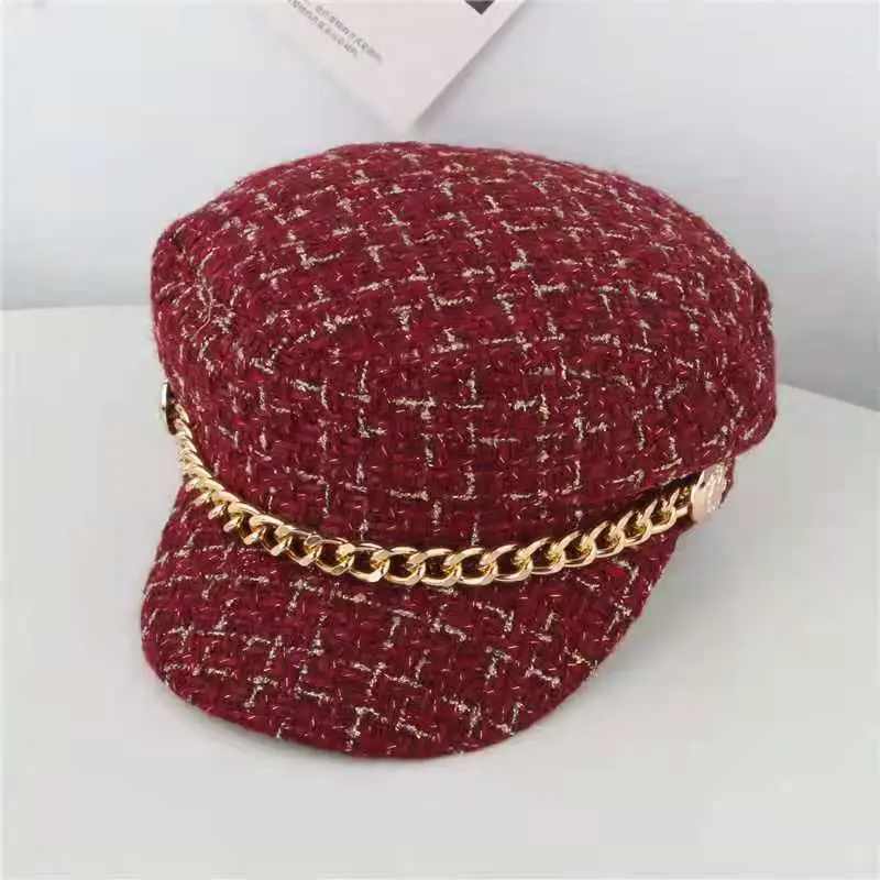 Women Plaid Woolen Berets Navy Cap Autumn Winter Military Style — feature 8