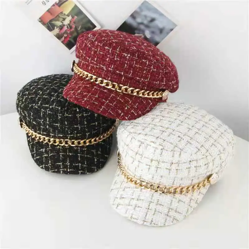 Women Plaid Woolen Berets Navy Cap Autumn Winter Military Style — feature 9