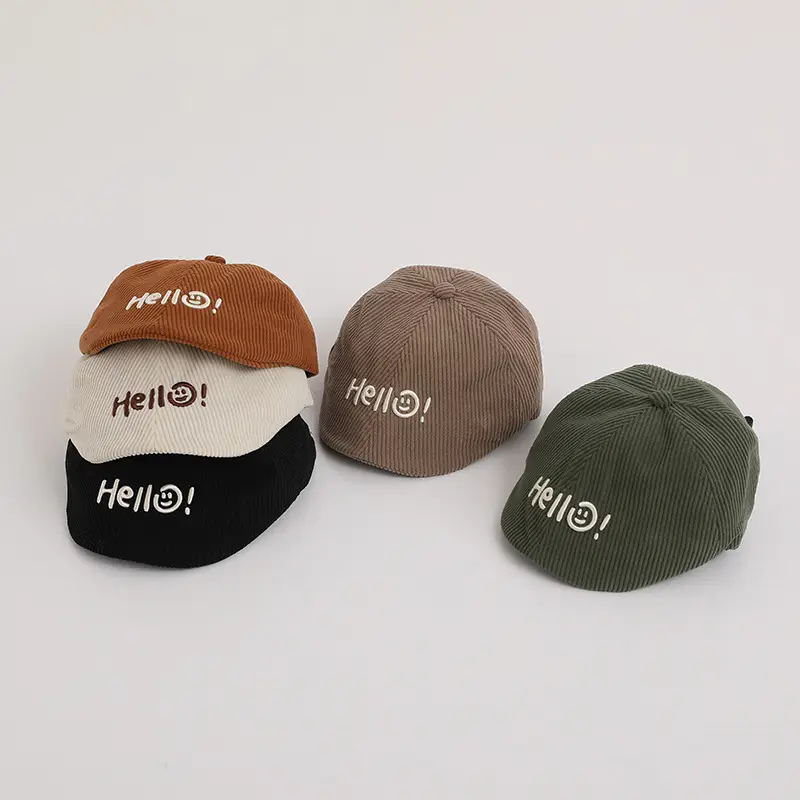 Children's Brown Ribbed Hat with "Hello!" Print — feature 2