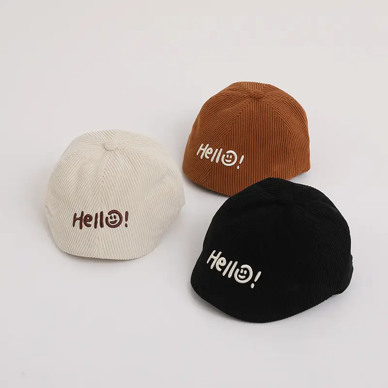 Children's Brown Ribbed Hat with "Hello!" Print — feature 3