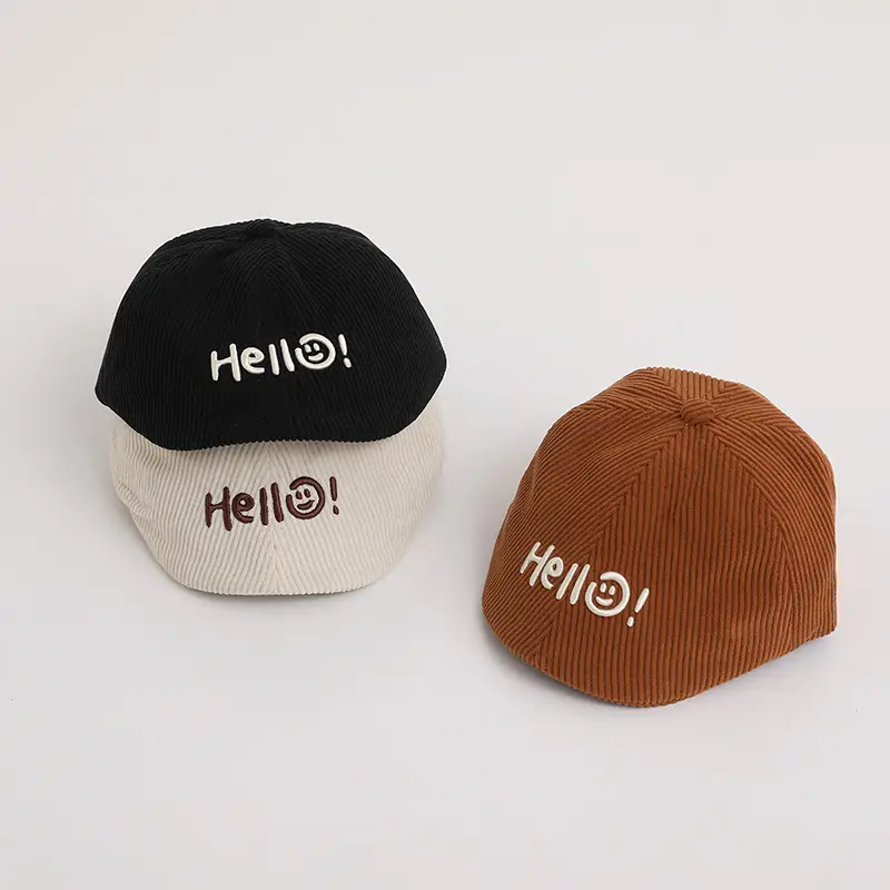 Children's Brown Ribbed Hat with "Hello!" Print — feature 4