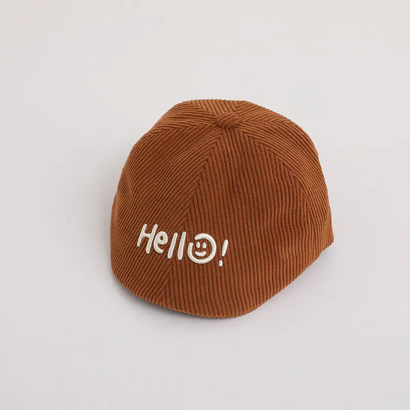 Children's Brown Ribbed Hat with "Hello!" Print — feature 5