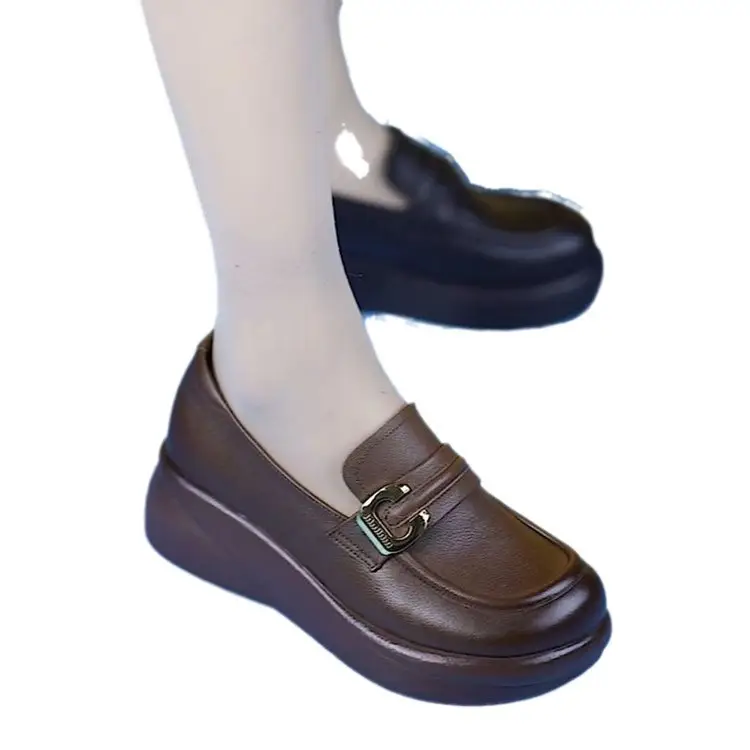 Vintage Leather Single-layer Shoes Women's 2024 Loafers Autumn New Thick-soled British Single-layer Shoes Round Toe Comfortable Platform Leather Shoes