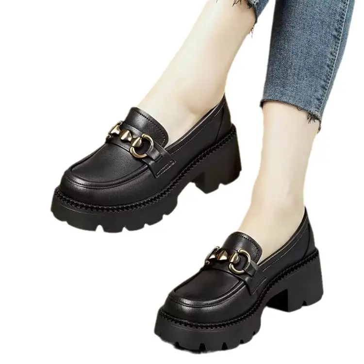 Women Black Leather Thick Heel Loafers 2024 - Image 7
