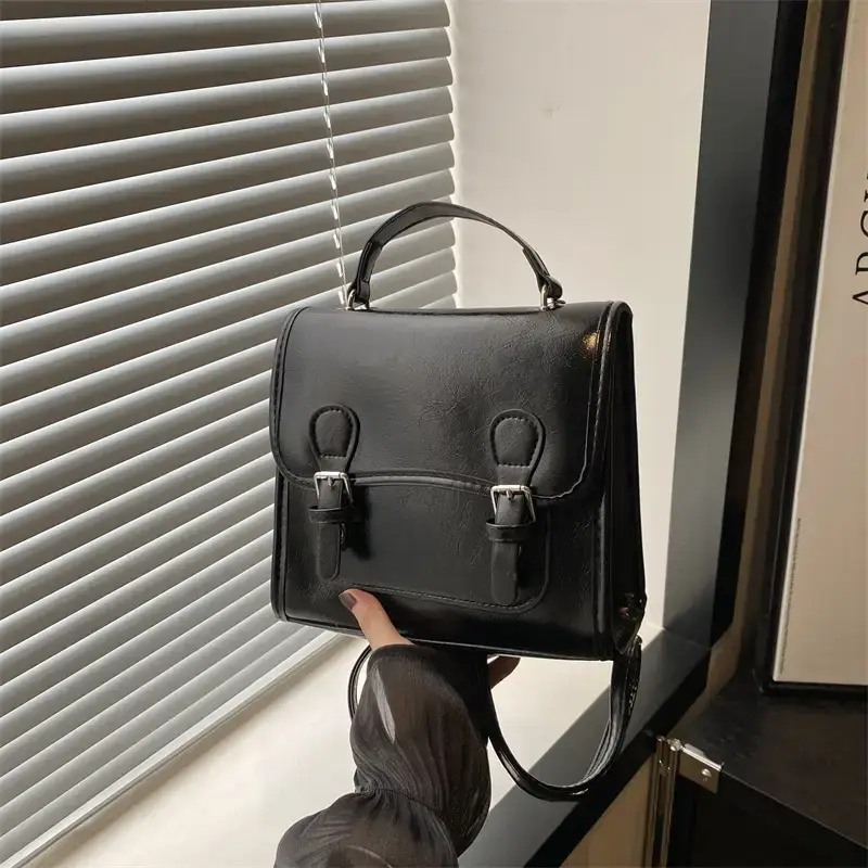 2024 Black Textured Shoulder Backpack with Double Buckle Closure - Image 7