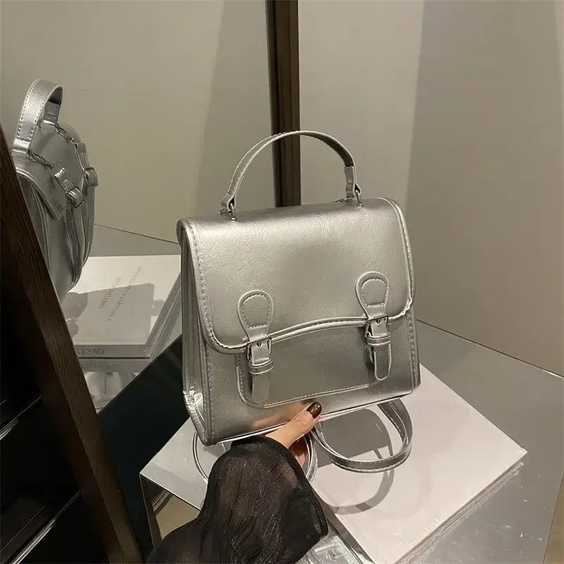 2024 Black Textured Shoulder Backpack with Double Buckle Closure - Image 8