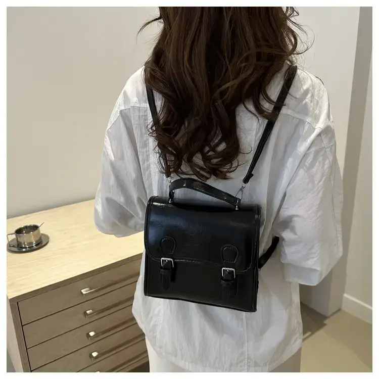 2024 Black Textured Shoulder Backpack with Double Buckle Closure — feature 18