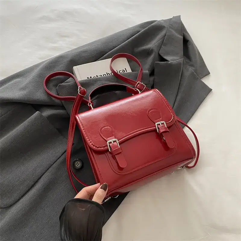 2024 Black Textured Shoulder Backpack with Double Buckle Closure - Image 4