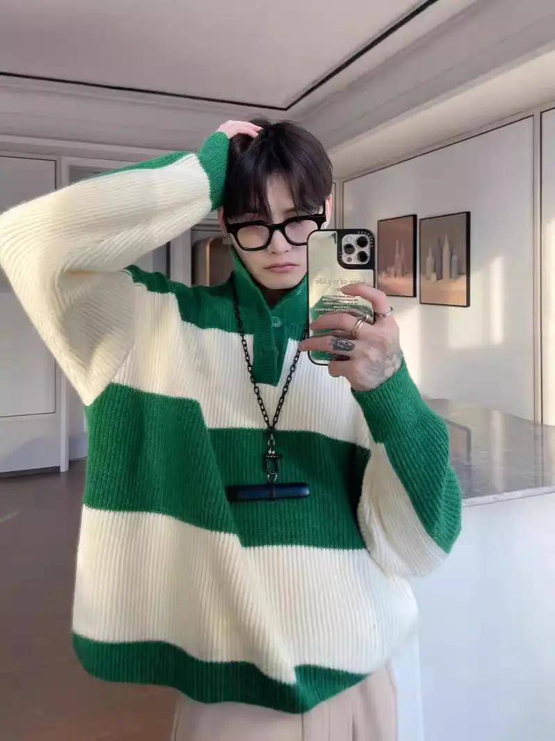 Men Striped Turtleneck Sweater Black Cream Loose Winter - Image 5