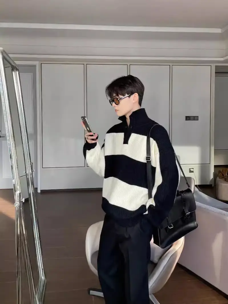 Men Striped Turtleneck Sweater Black Cream Loose Winter - Image 6
