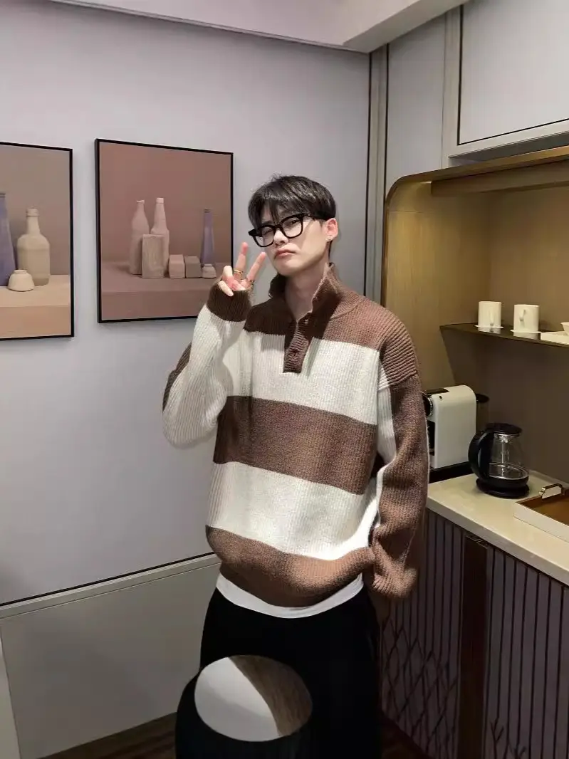 Men Striped Turtleneck Sweater Black Cream Loose Winter - Image 7