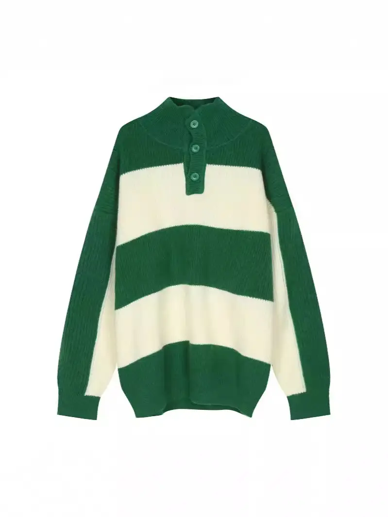 Men Striped Turtleneck Sweater Black Cream Loose Winter - Image 8