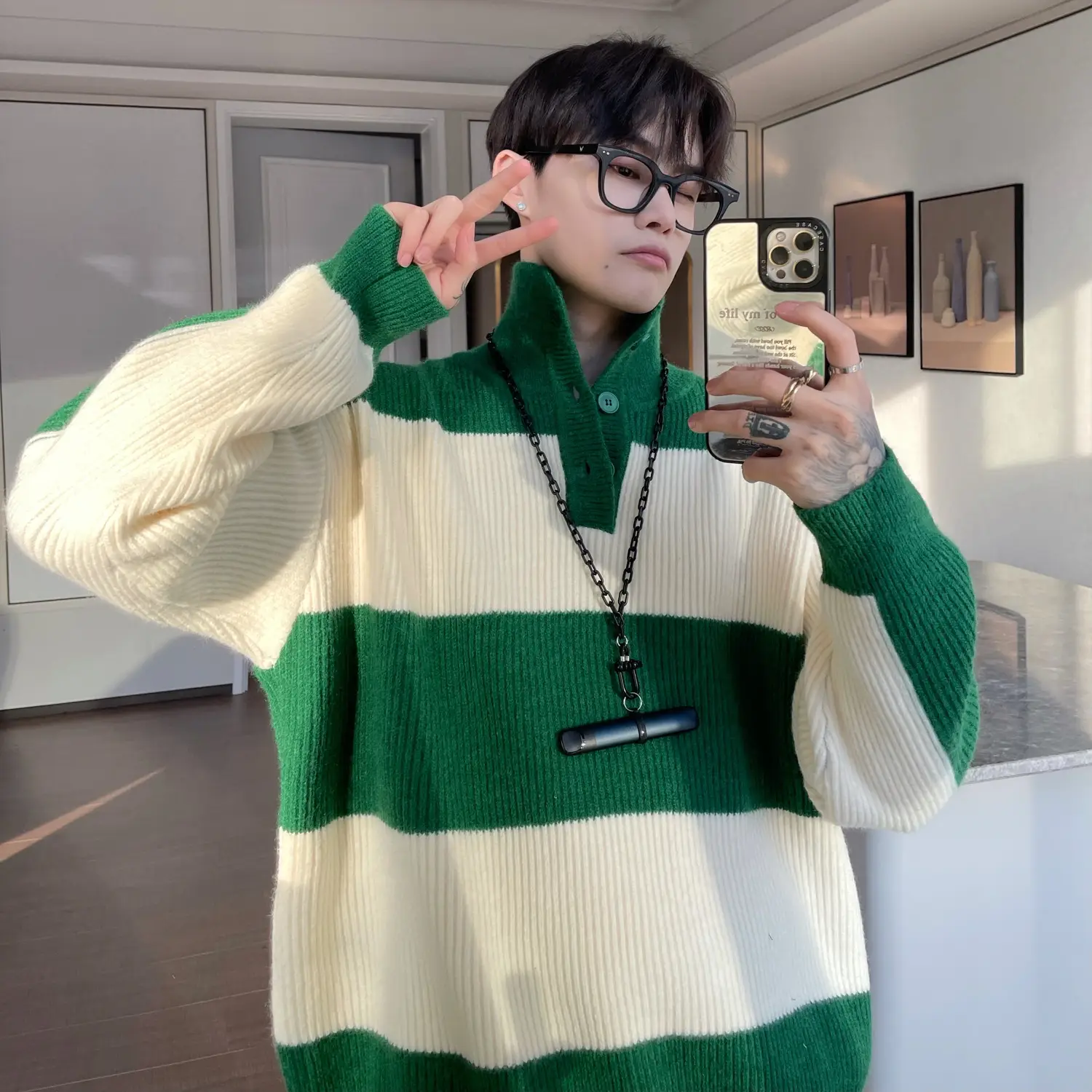 Men Striped Turtleneck Sweater Black Cream Loose Winter — feature 10
