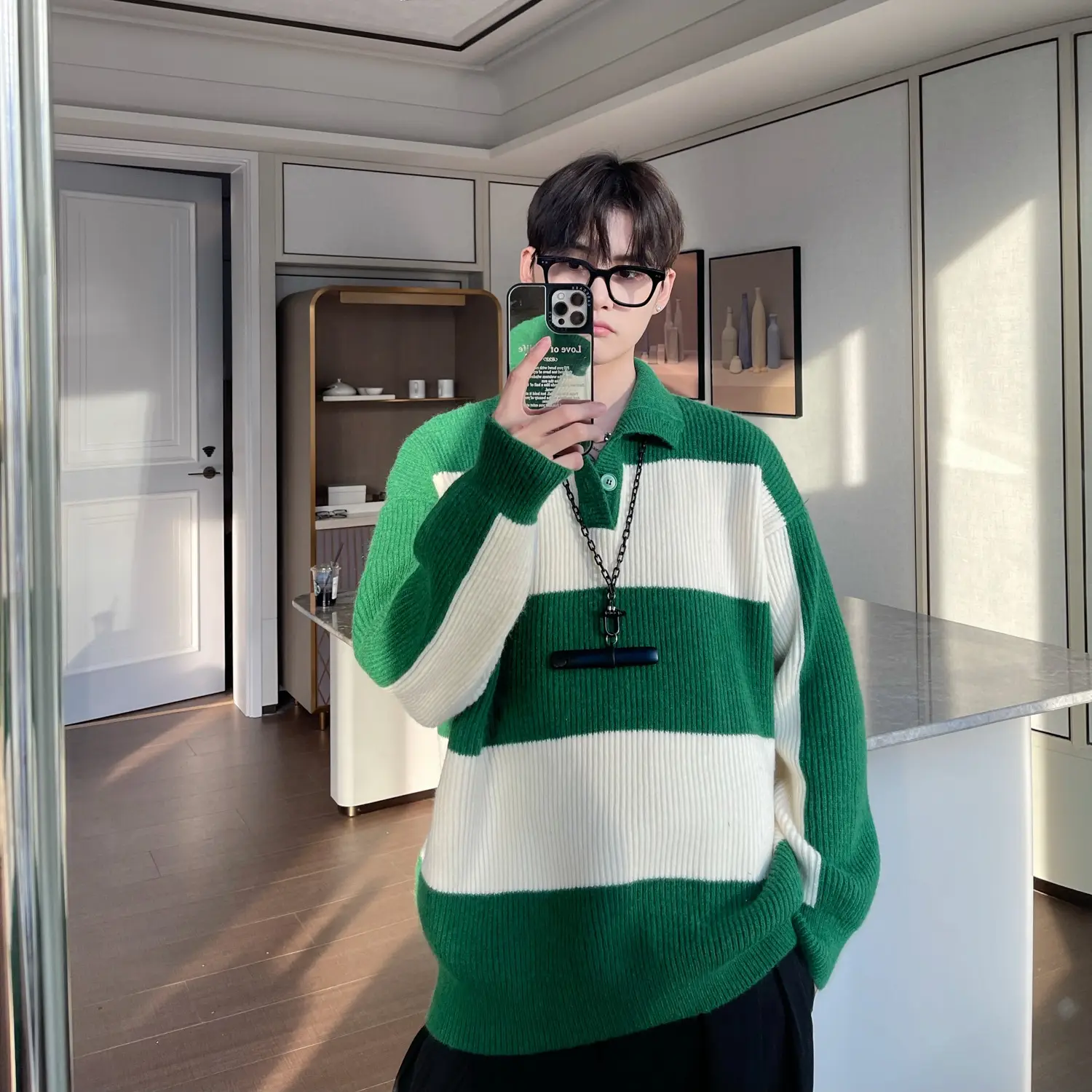 Men Striped Turtleneck Sweater Black Cream Loose Winter — feature 11