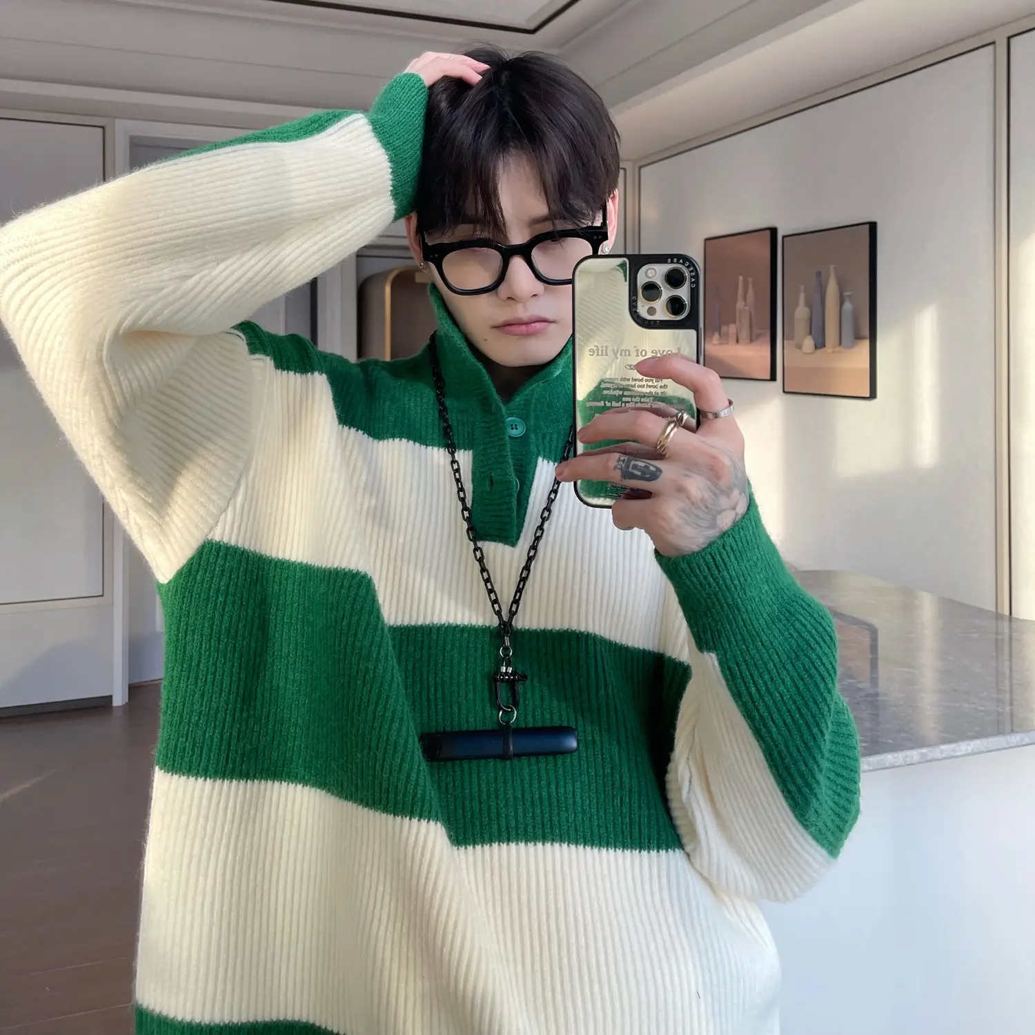 Men Striped Turtleneck Sweater Black Cream Loose Winter — feature 12