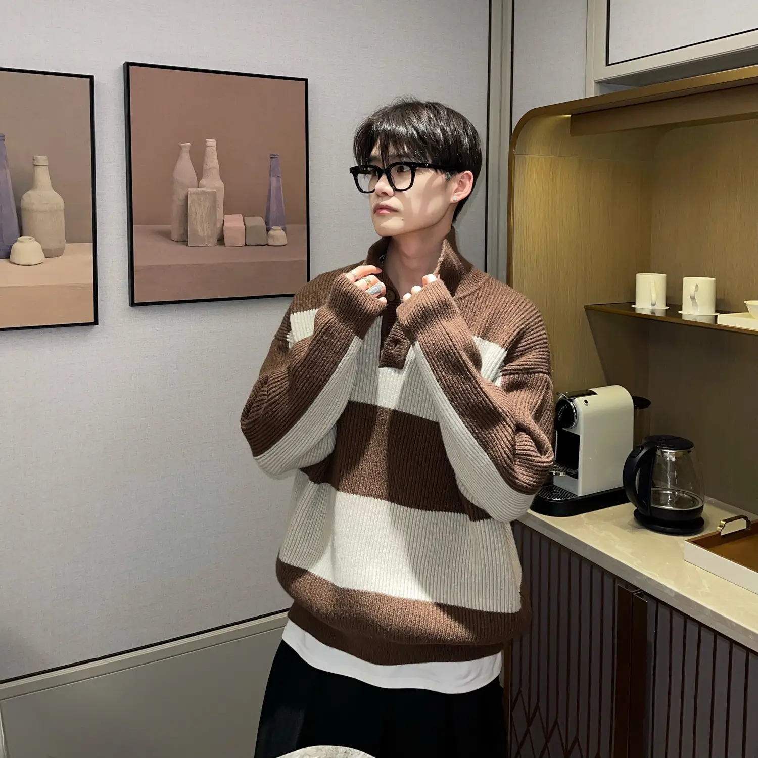Men Striped Turtleneck Sweater Black Cream Loose Winter — feature 14