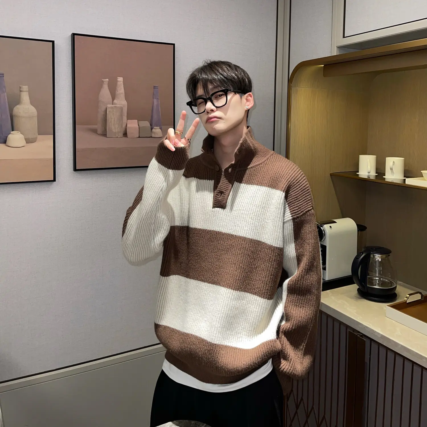 Men Striped Turtleneck Sweater Black Cream Loose Winter — feature 15