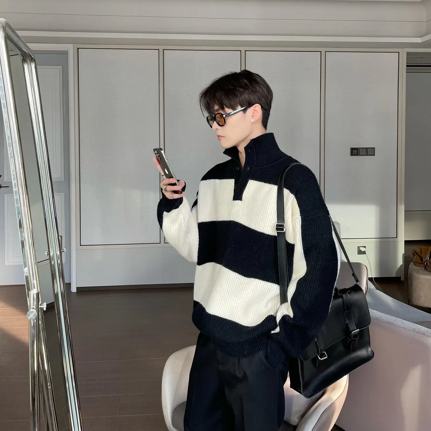 Men Striped Turtleneck Sweater Black Cream Loose Winter — feature 2