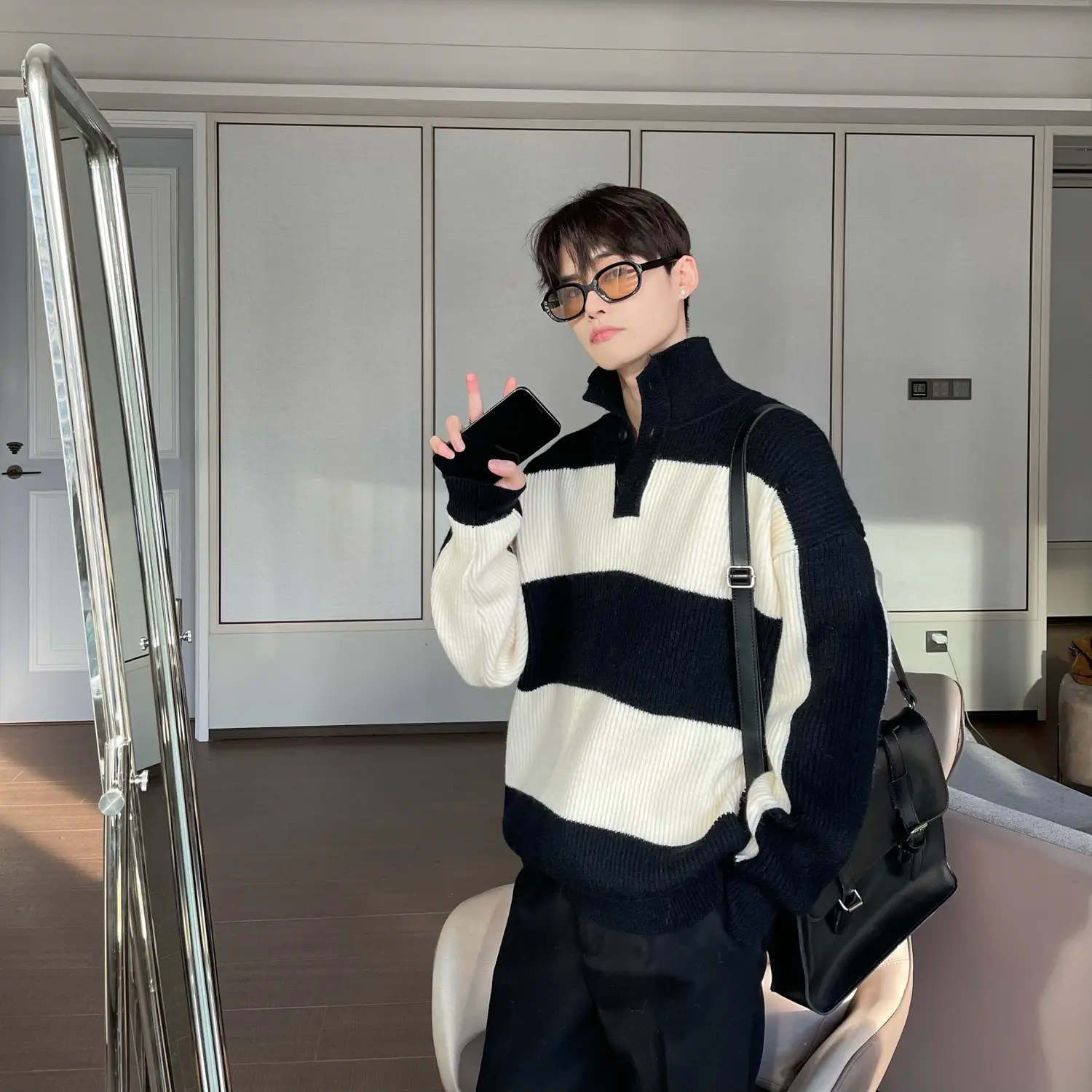 Men Striped Turtleneck Sweater Black Cream Loose Winter — feature 3