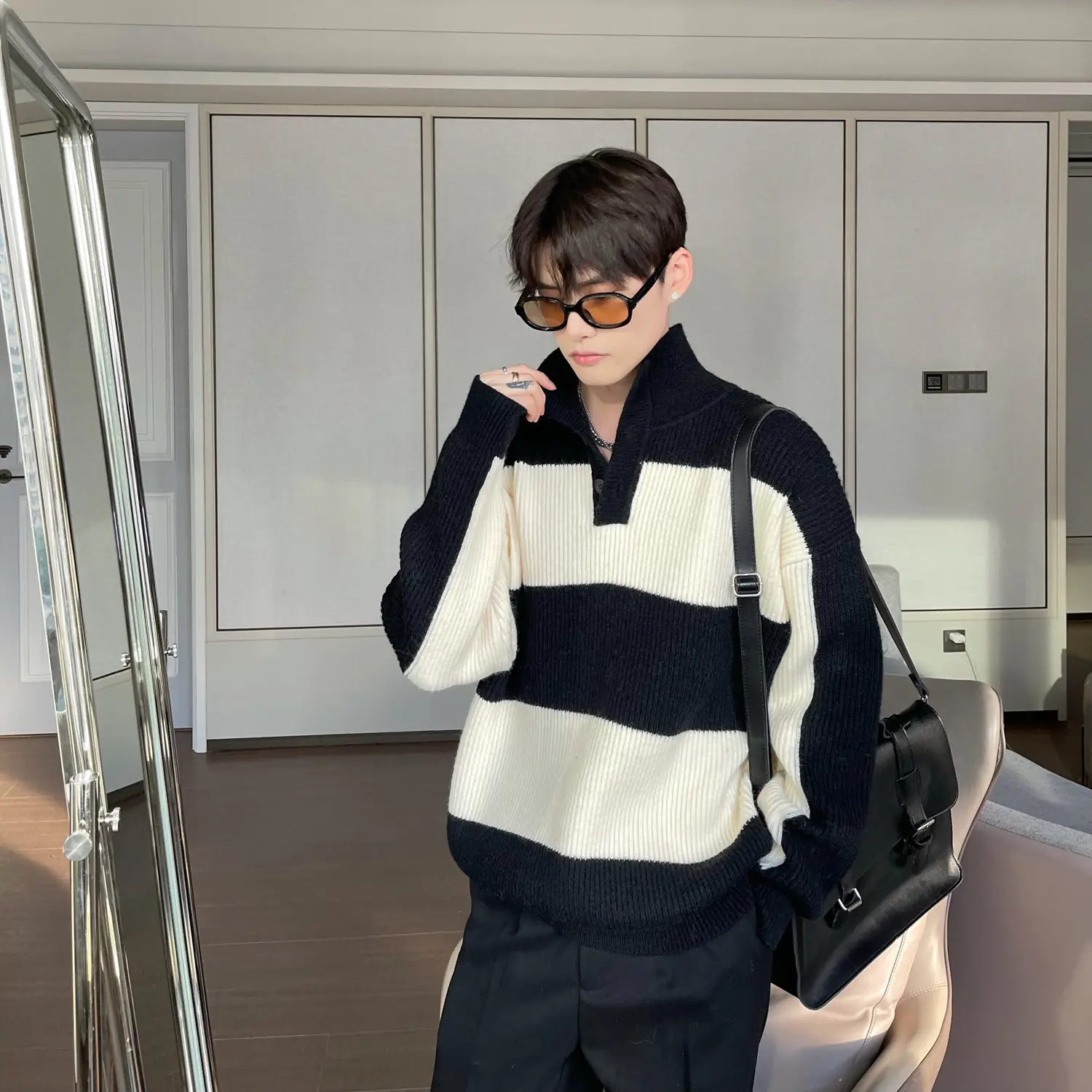Men Striped Turtleneck Sweater Black Cream Loose Winter — feature 4