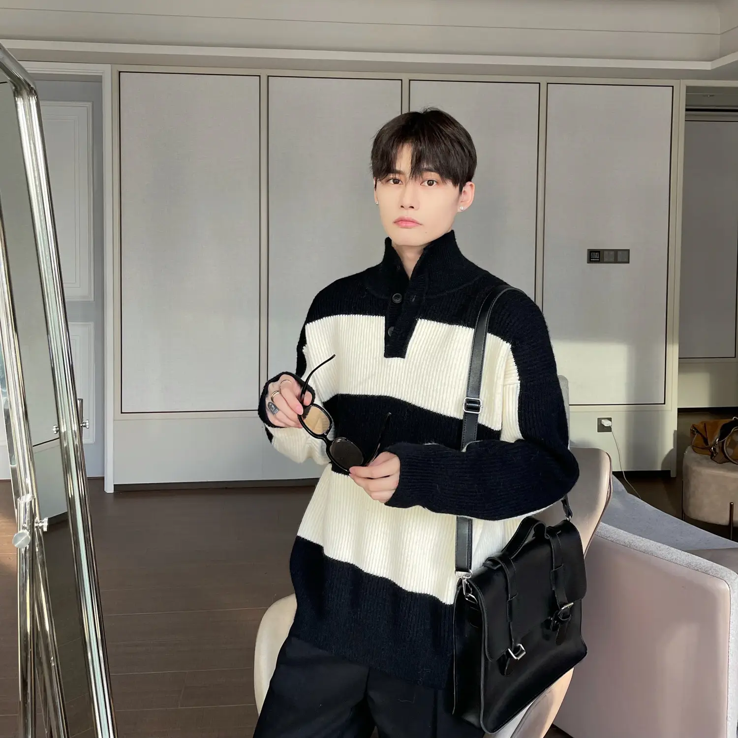 Men Striped Turtleneck Sweater Black Cream Loose Winter — feature 5