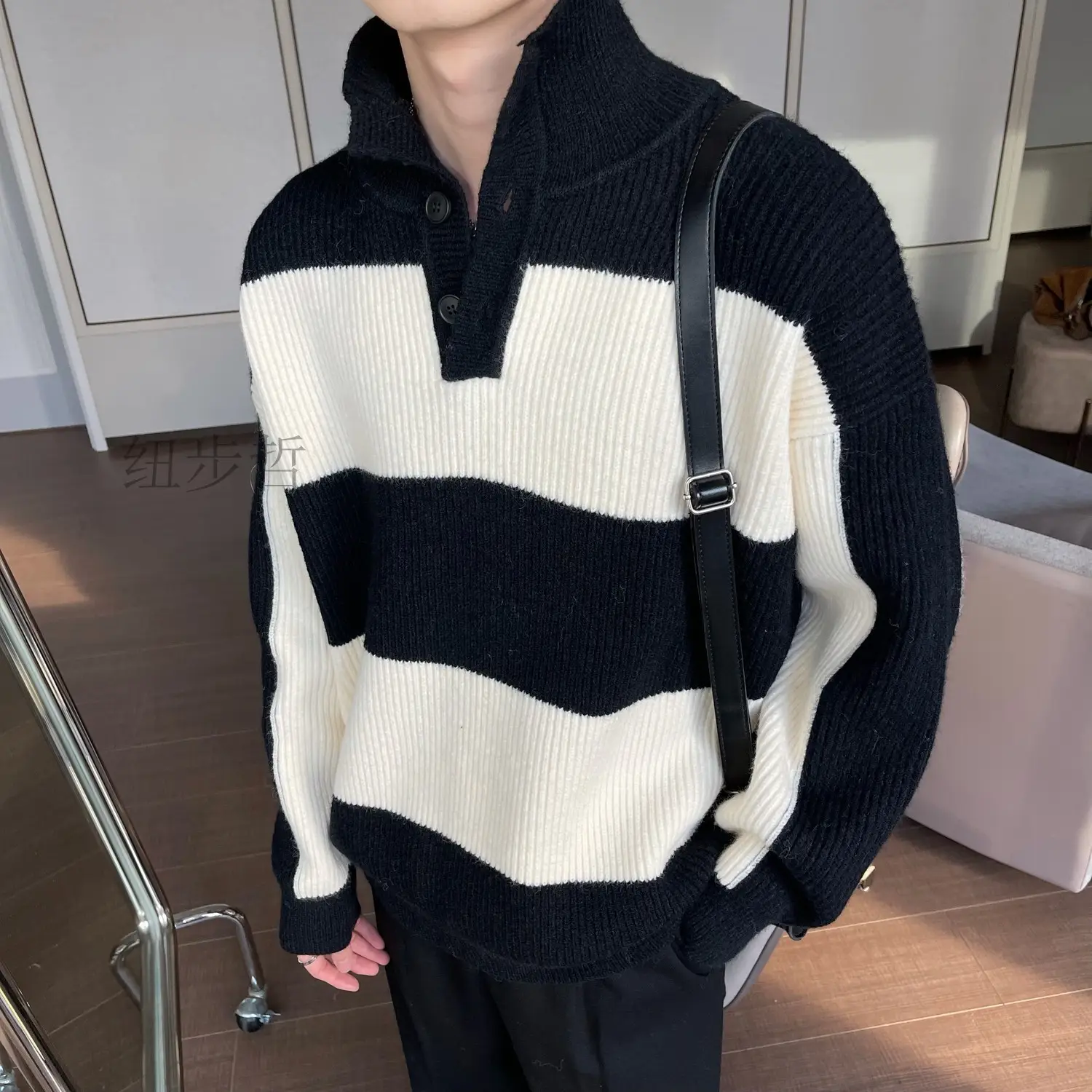 Men Striped Turtleneck Sweater Black Cream Loose Winter — feature 6