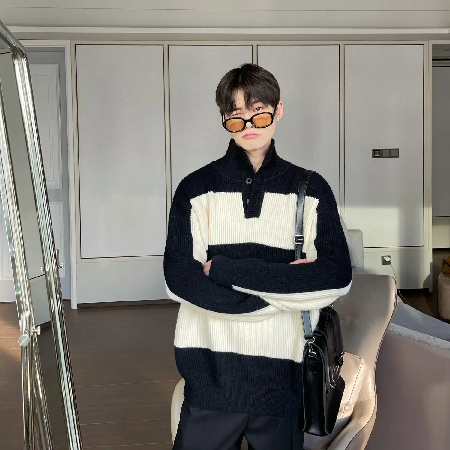 Men Striped Turtleneck Sweater Black Cream Loose Winter — feature 7