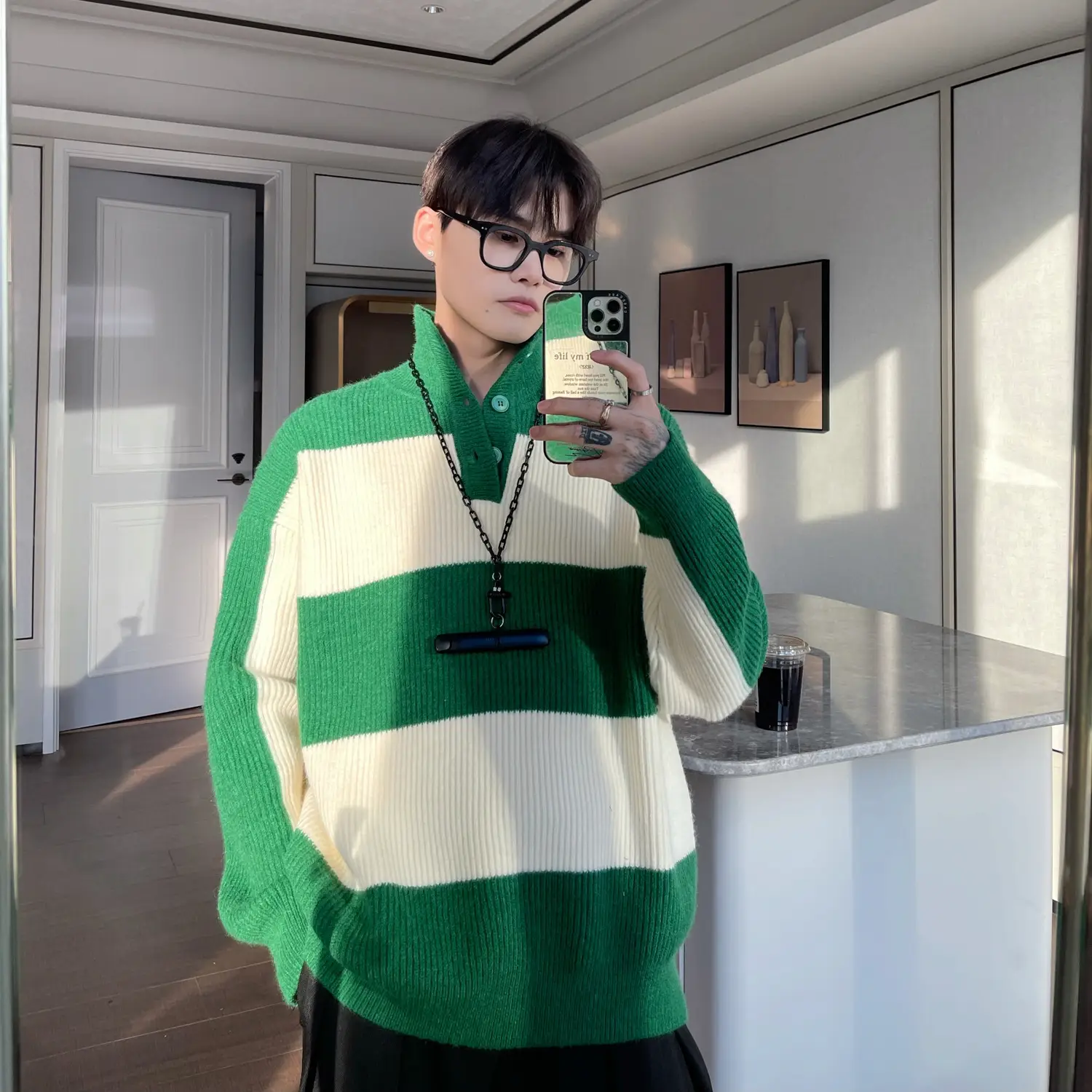 Men Striped Turtleneck Sweater Black Cream Loose Winter — feature 8