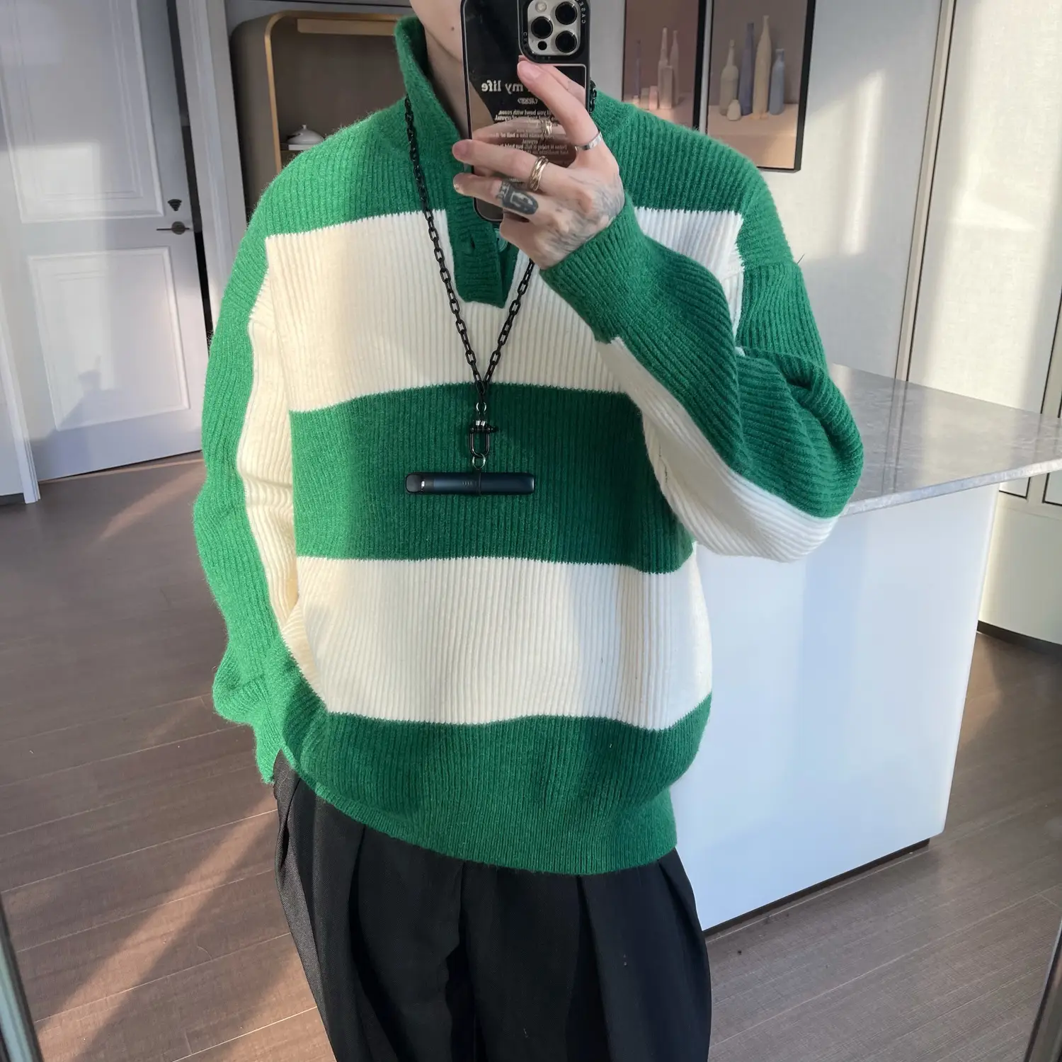 Men Striped Turtleneck Sweater Black Cream Loose Winter — feature 9