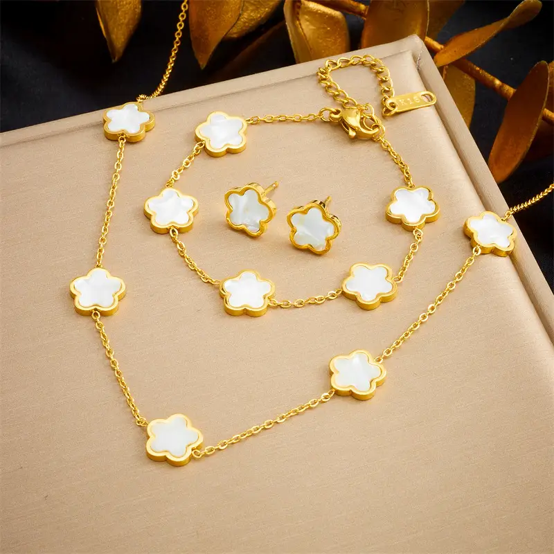 Golden Fourleaf Flower Necklace Set for Women - Image 2