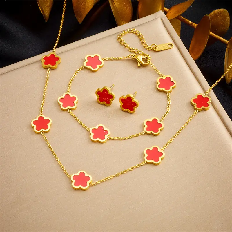 Golden Fourleaf Flower Necklace Set for Women - Image 3