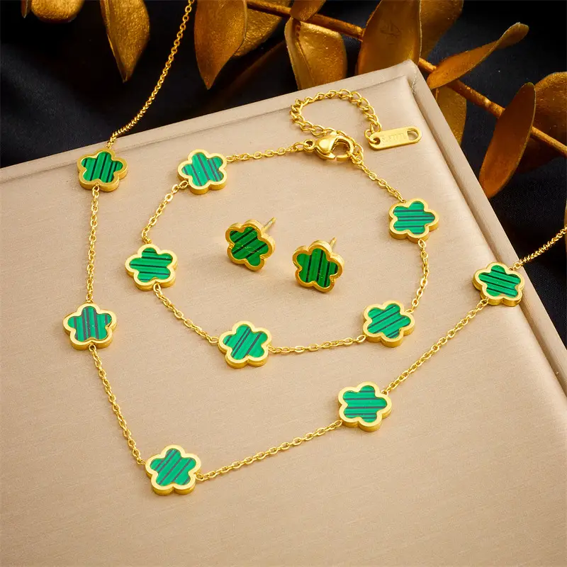 Golden Fourleaf Flower Necklace Set for Women - Image 4