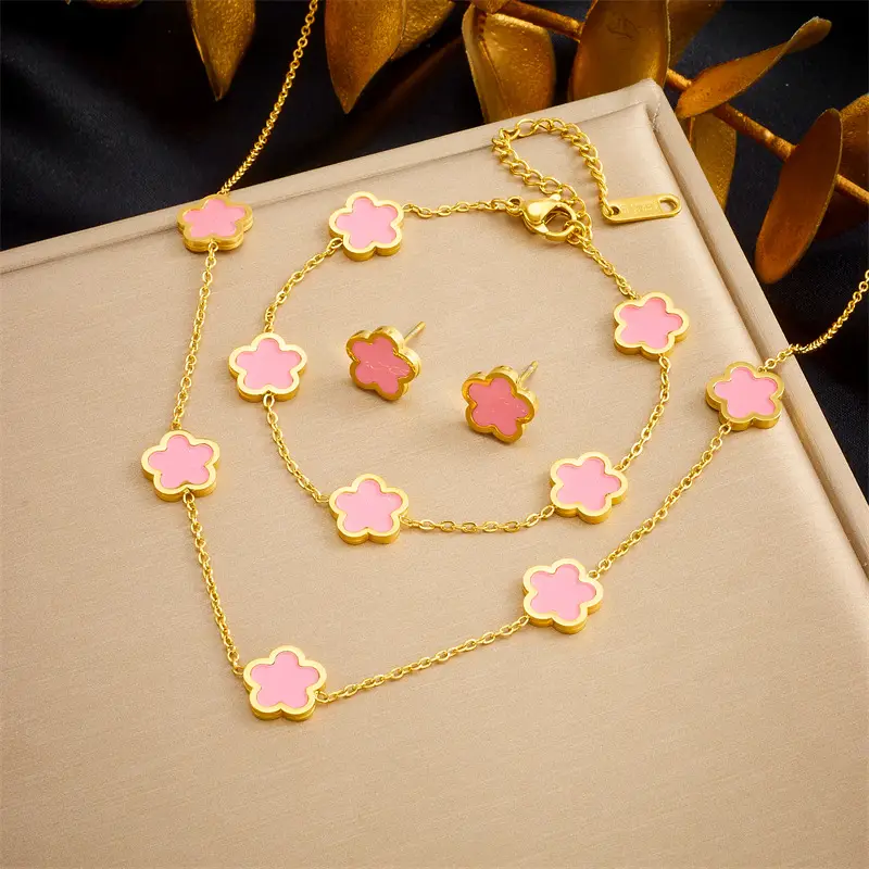Golden Fourleaf Flower Necklace Set for Women - Image 5