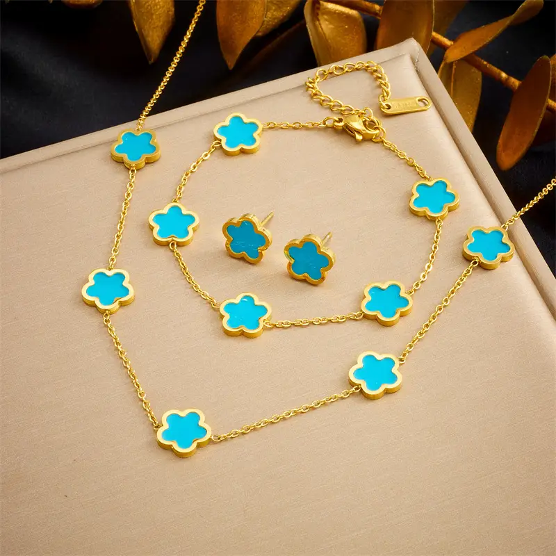 Golden Fourleaf Flower Necklace Set for Women - Image 6
