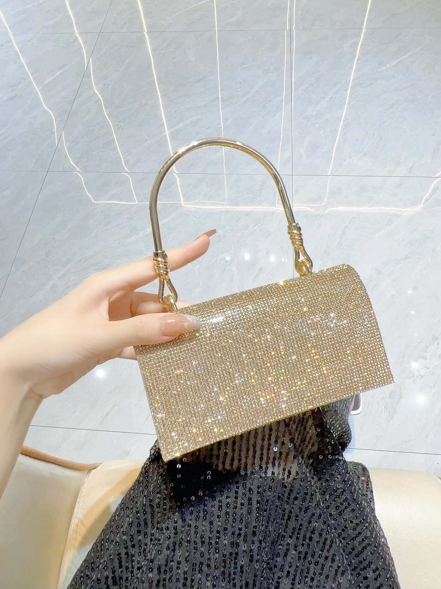 Full Diamond Shiny Gold Handbag for Women - Image 5