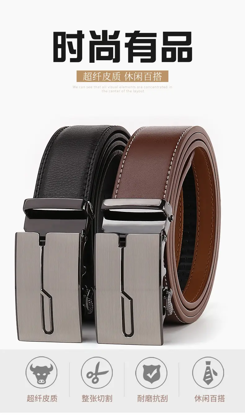 Men's Genuine Leather Belt Black Silver Buckle — feature 1