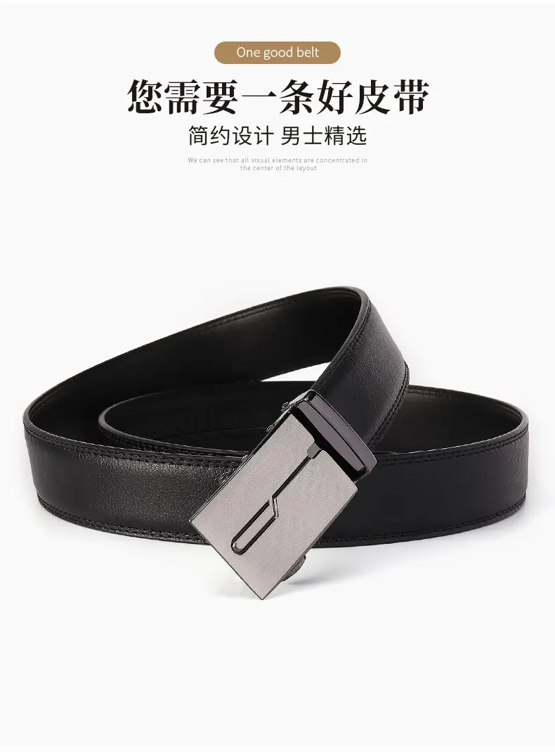 Men's Genuine Leather Belt Black Silver Buckle — feature 2