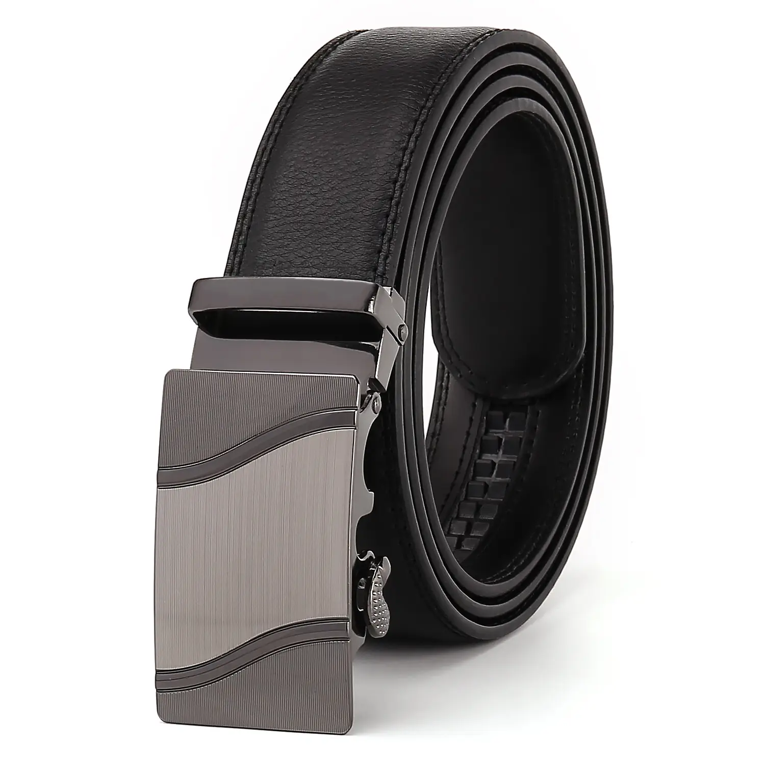 Men's Genuine Leather Belt Black Silver Buckle - Image 3