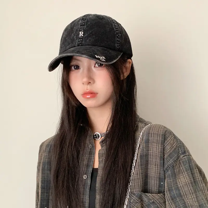 Vintage Washed Denim Cap Women's Personalized Embroidered Letter Show Face Small