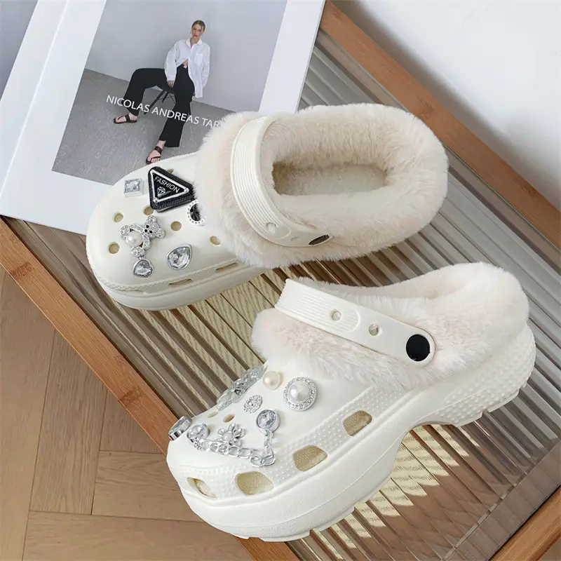 Women's Fleece Lined Cotton Slippers White with Rhinestones