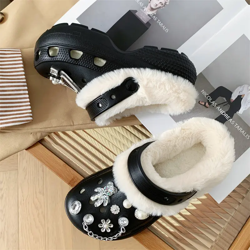 Women's Fleece Lined Cotton Slippers White with Rhinestones
