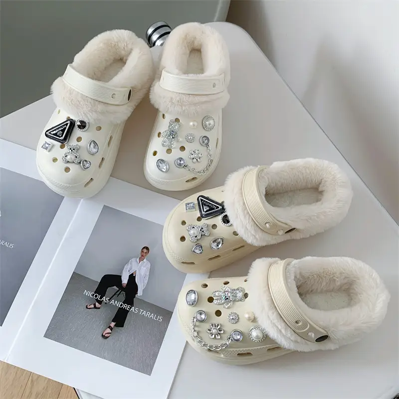 Women's Fleece Lined Cotton Slippers White with Rhinestones