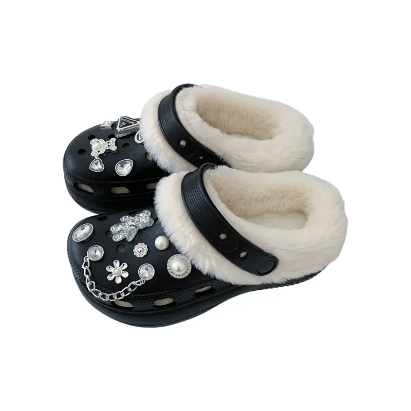 Women's Fleece Lined Cotton Slippers White with Rhinestones