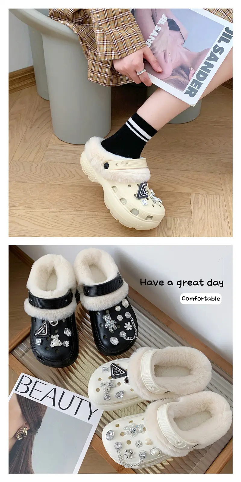 Women's Fleece Lined Cotton Slippers White with Rhinestones — feature 10