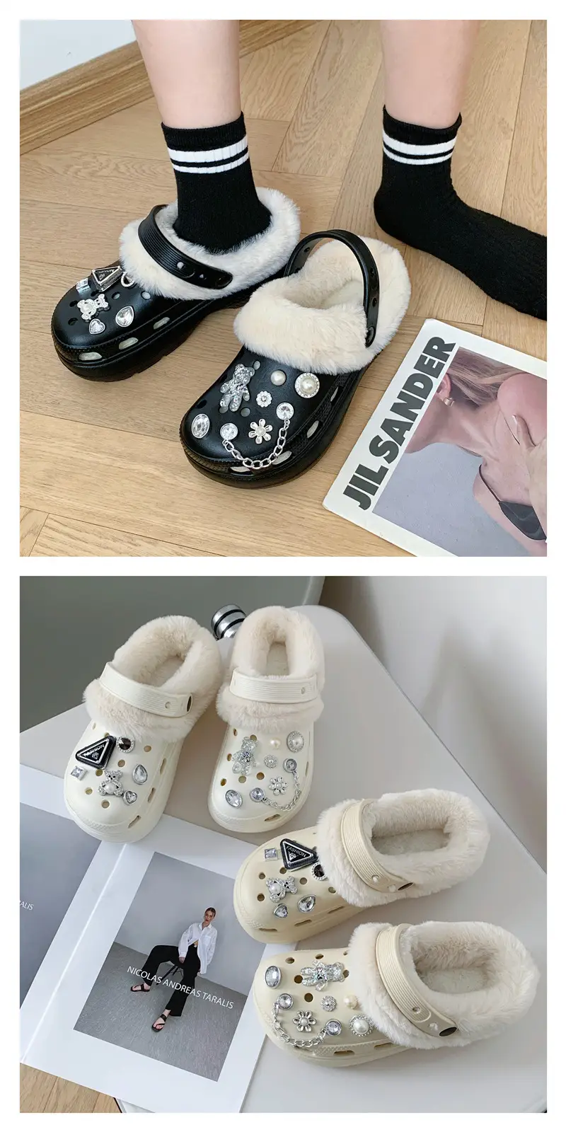 Women's Fleece Lined Cotton Slippers White with Rhinestones — feature 4