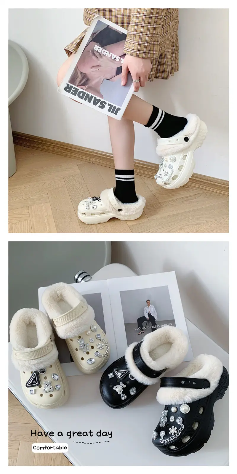Women's Fleece Lined Cotton Slippers White with Rhinestones — feature 5