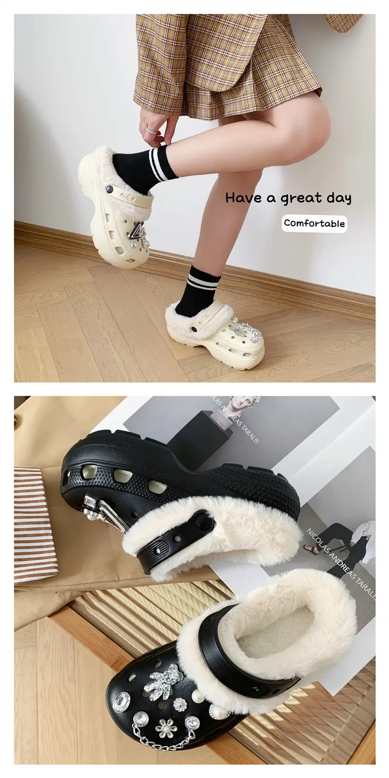 Women's Fleece Lined Cotton Slippers White with Rhinestones — feature 6